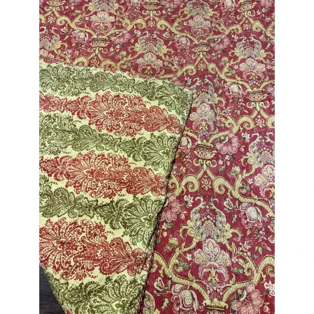 Waverly Reversible Damask Floral Comforter Burgundy Gold Sage Rope Trim Heavy